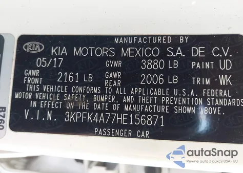 2017 Kia Forte Lx z USA, uszkodzony, nr VIN 3KPFK4A77HE156871